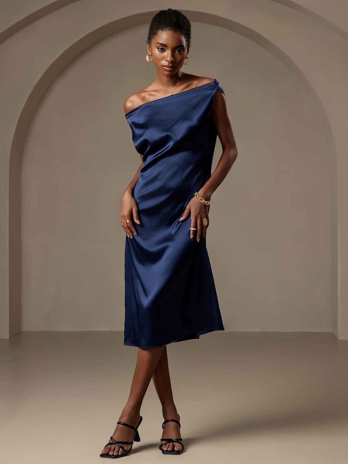 19Momme Silk Sleeveless Cowl Neck Knee Dress