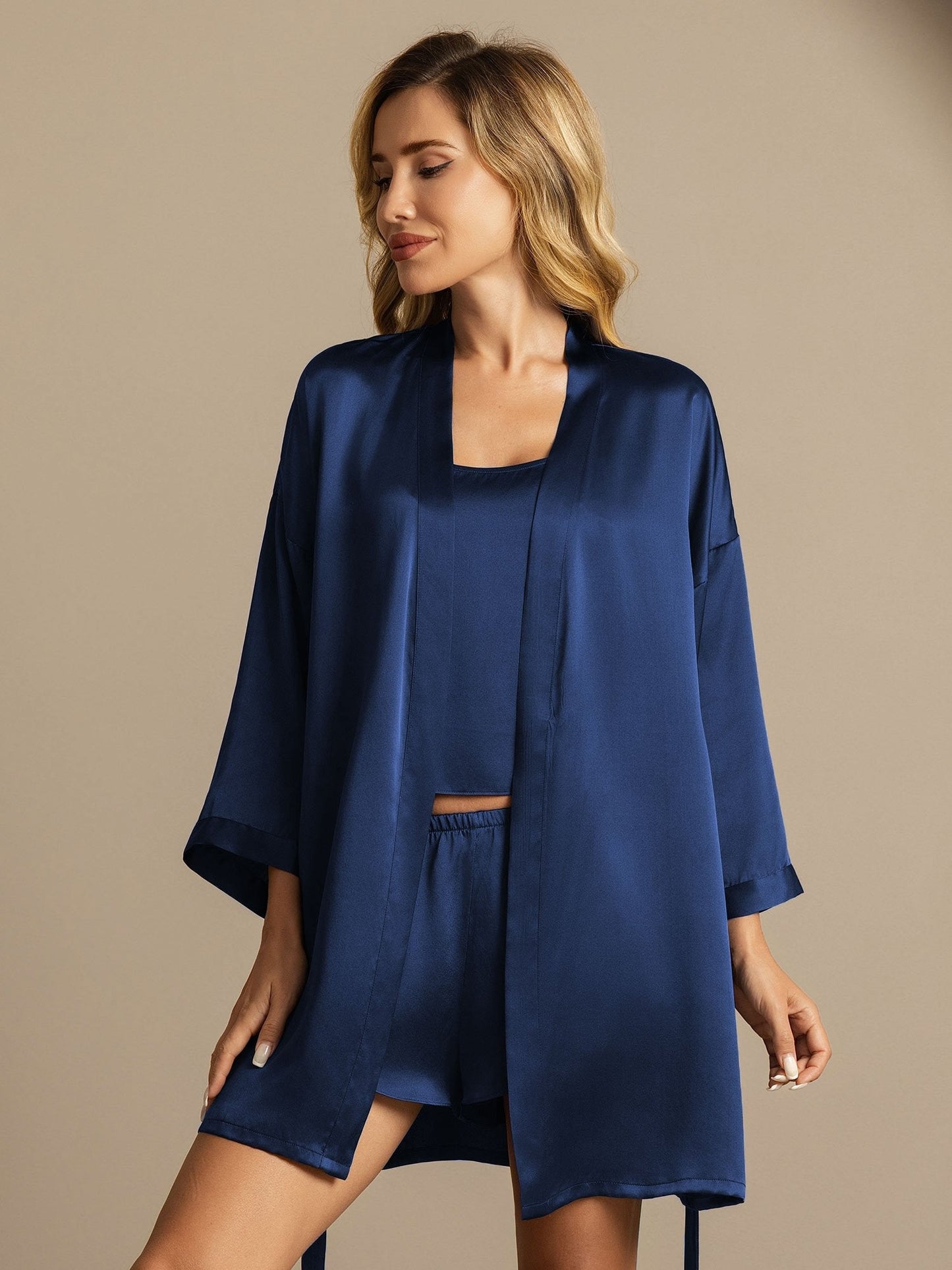 Pure Silk Belted Robe and Spaghetti Strap Camisole Set 3Pcs