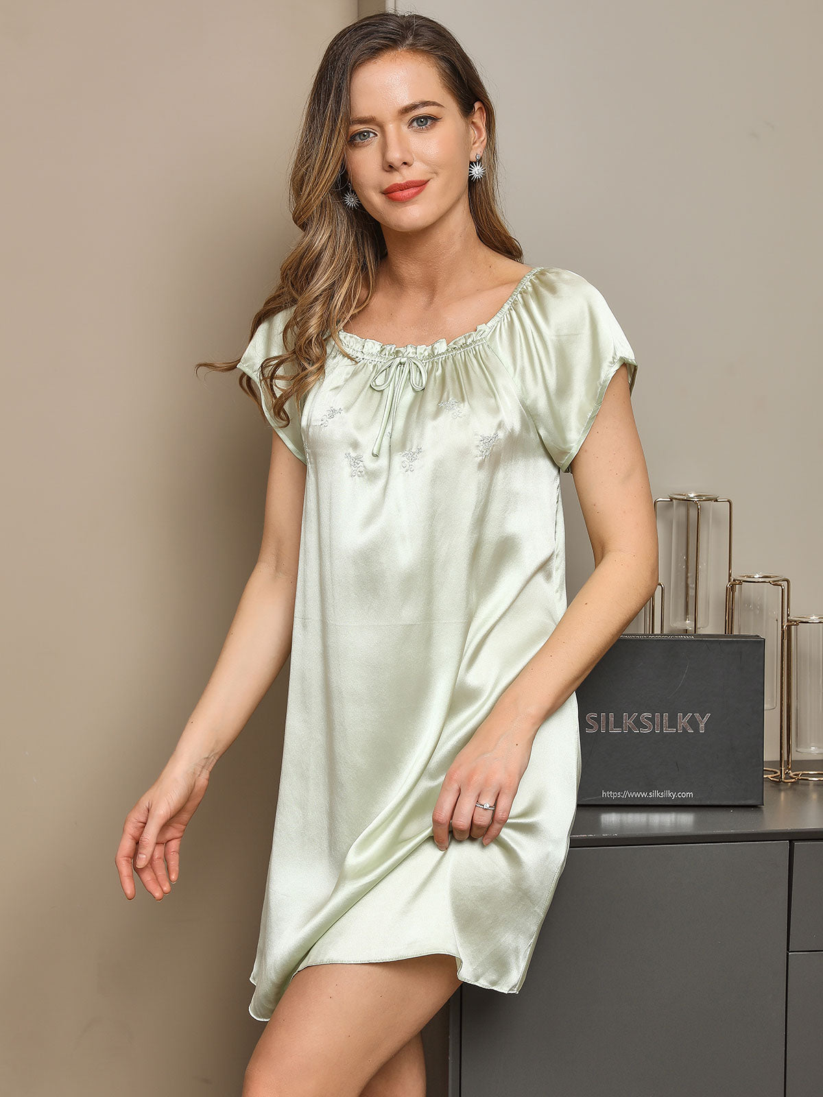 Pure Silk Cap Sleeve Square Neck Short Nightdress