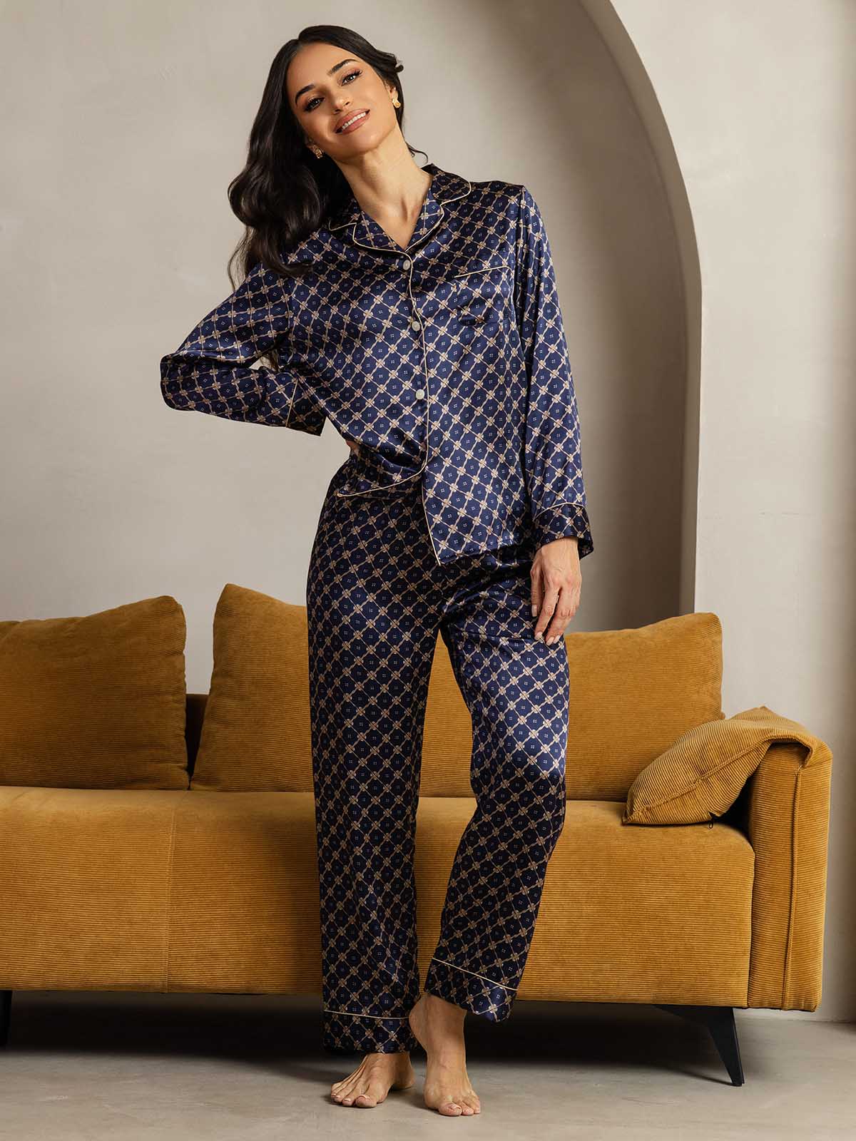Pure Silk Navy Chain Print Long Sleeve Notch Collar Women's Pajamas Set