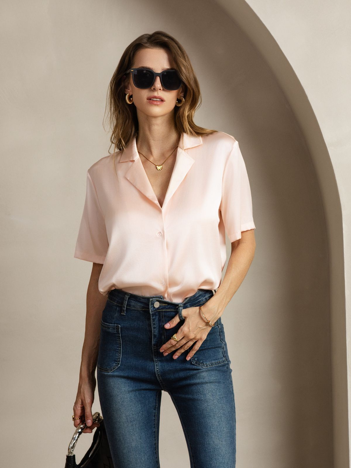 19Momme Silk Short Sleeve Notched Lapel Women's Shirt with Button Up Design