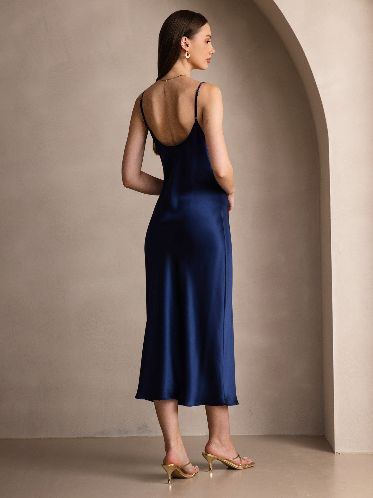 Pure Silk Spaghetti Strap V Neck Midi Dress