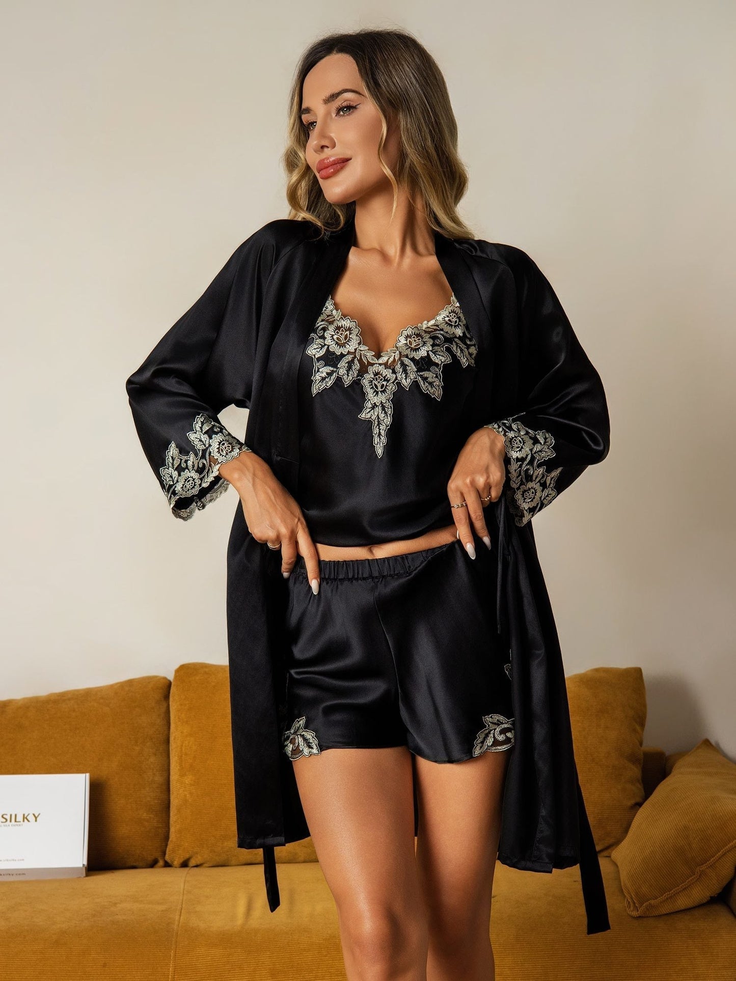 Elegant Pure Silk Lace Trimmed Robe and Camisole Set 3Pcs