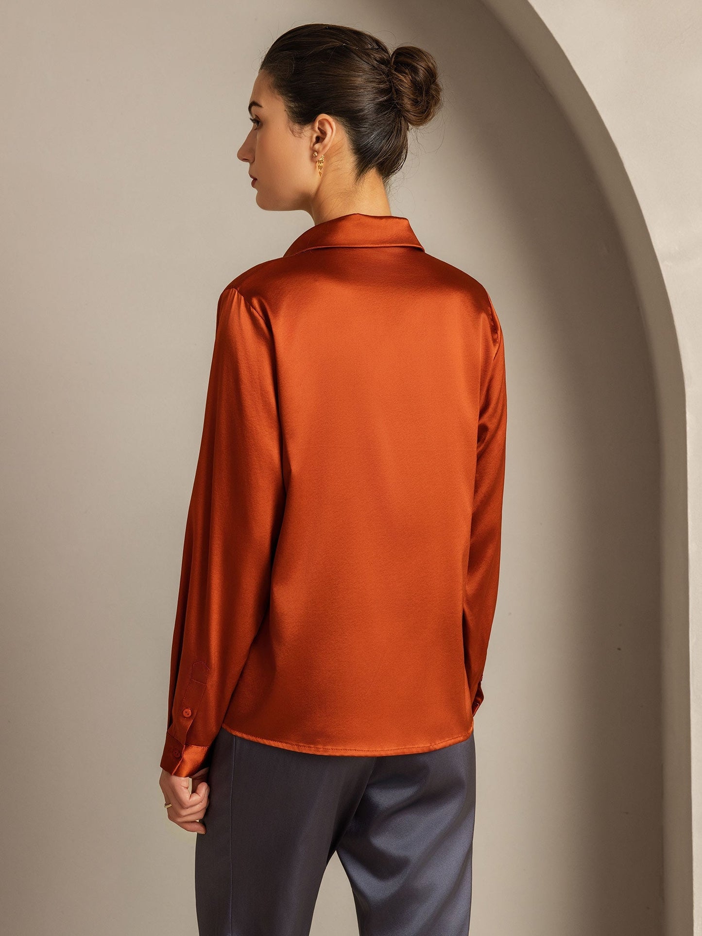 19Momme Silk Long Sleeve Lapel Collar Women's Shirt