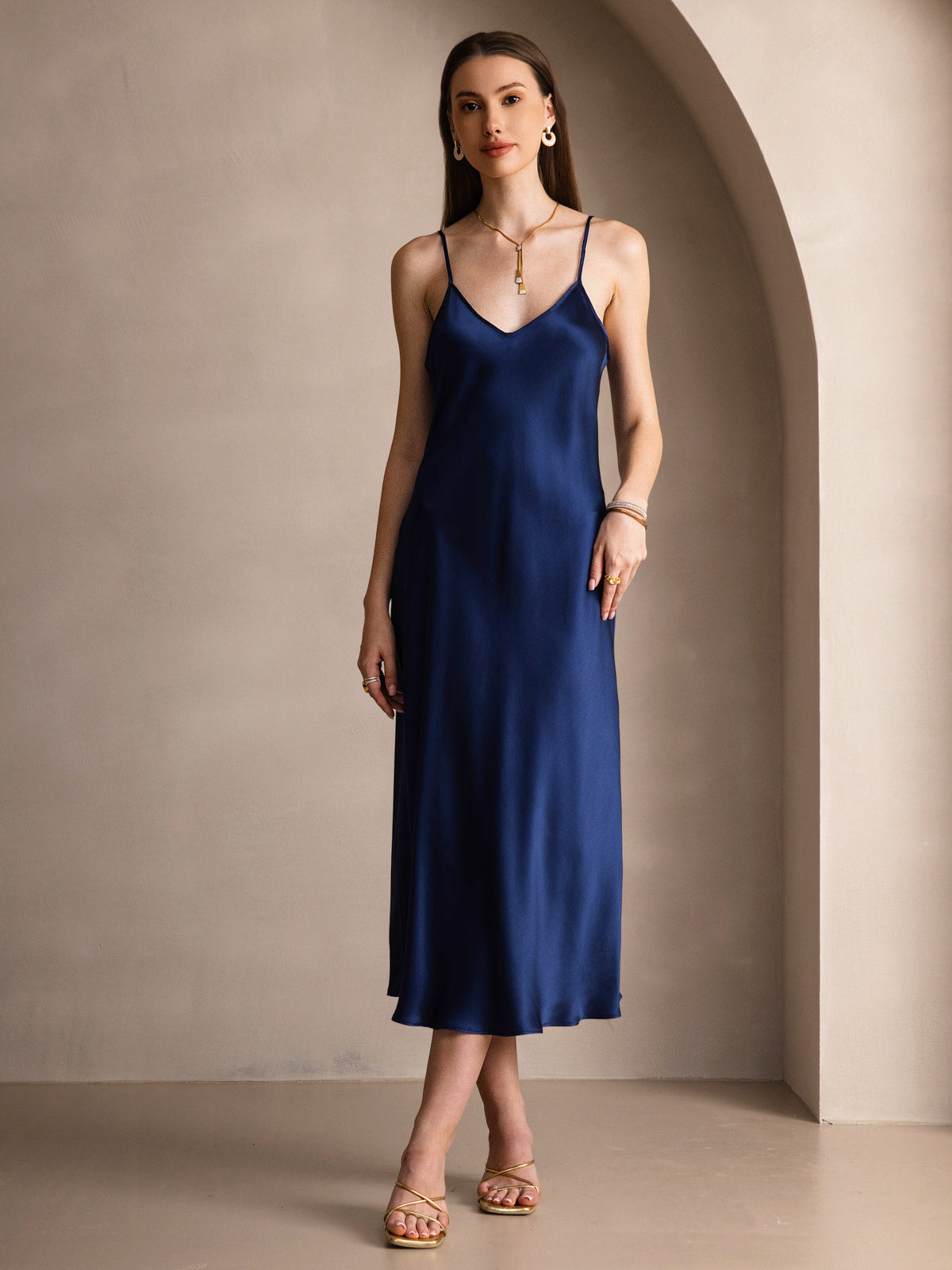 Pure Silk Spaghetti Strap Midi Dress