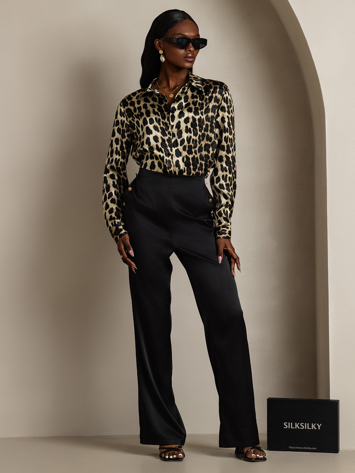 19Momme Silk Leopard Print Long Sleeve Lapel Collar Women's Shirt
