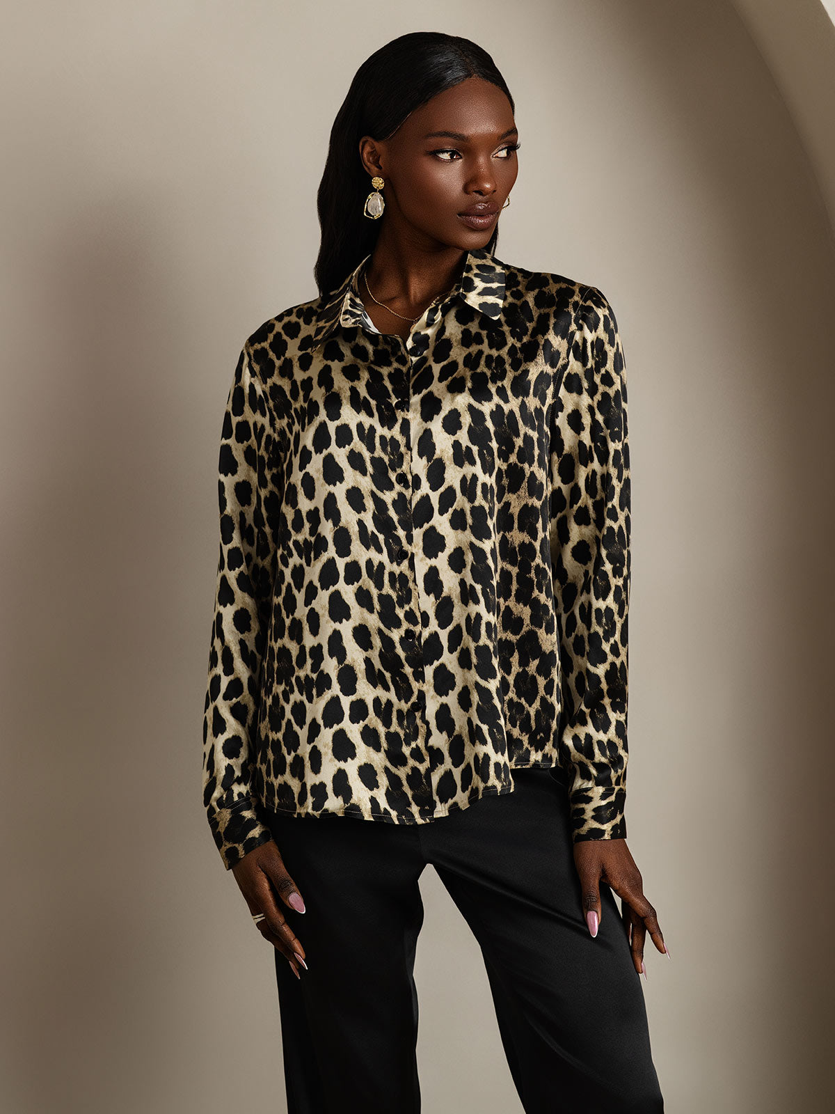 19Momme Silk Leopard Print Long Sleeve Lapel Collar Women's Shirt
