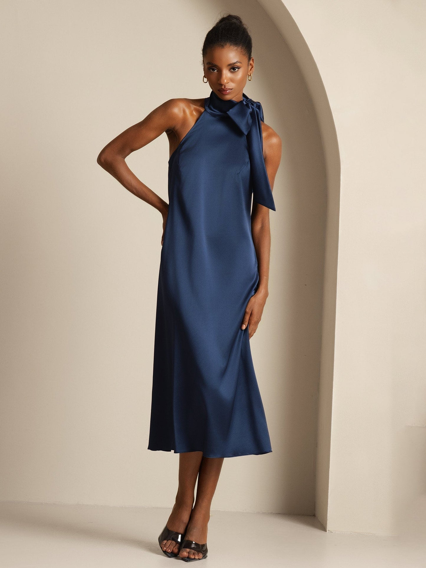 19Momme Silk Sleeveless Tie Neck Midi Dress