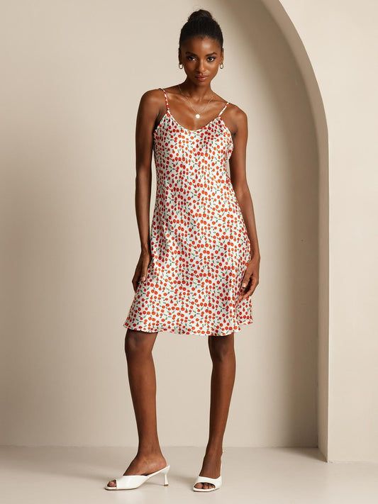 Silk Spaghetti Strap Cherry Print Short Dress