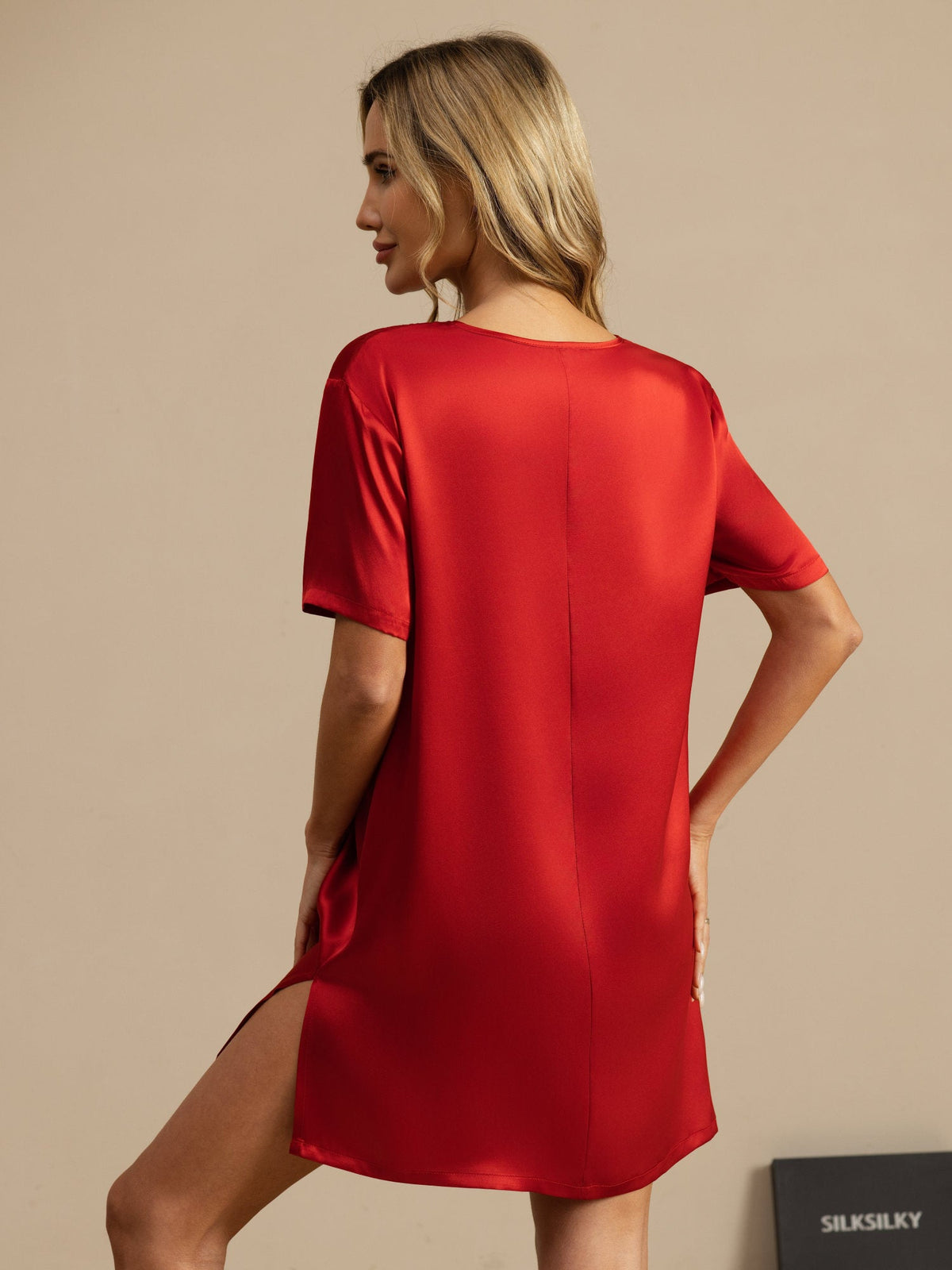 Pure Silk Half Sleeve V-neck Short Nightdress with Split Design