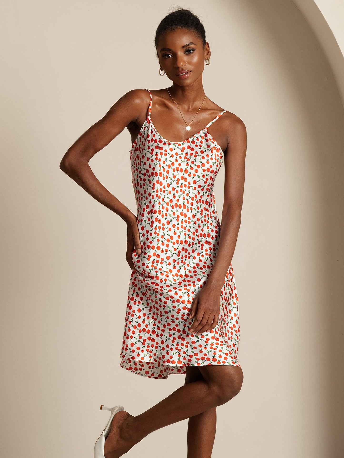 Silk Spaghetti Strap Cherry Print Short Dress