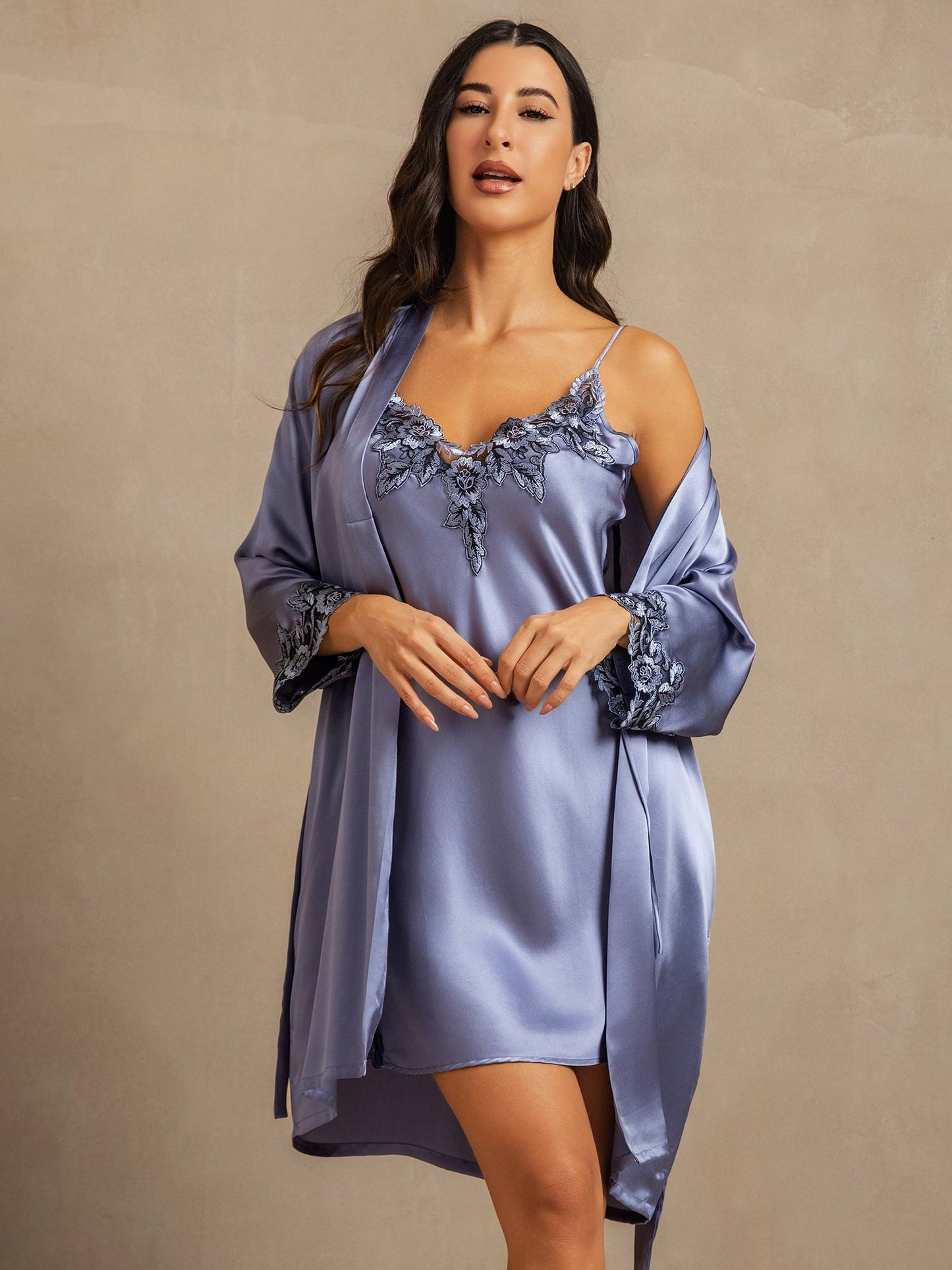 Pure Silk Spaghetti Strap Lace Nightdress&Dressing Gown Set