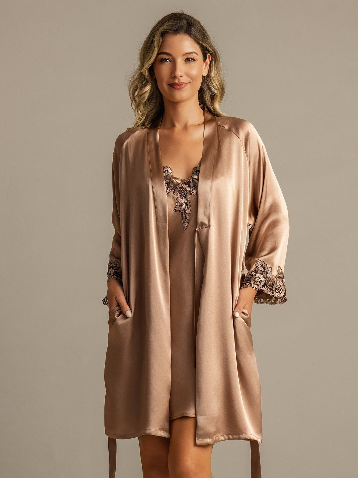 Pure Silk Spaghetti Strap Lace Nightdress&Dressing Gown Set