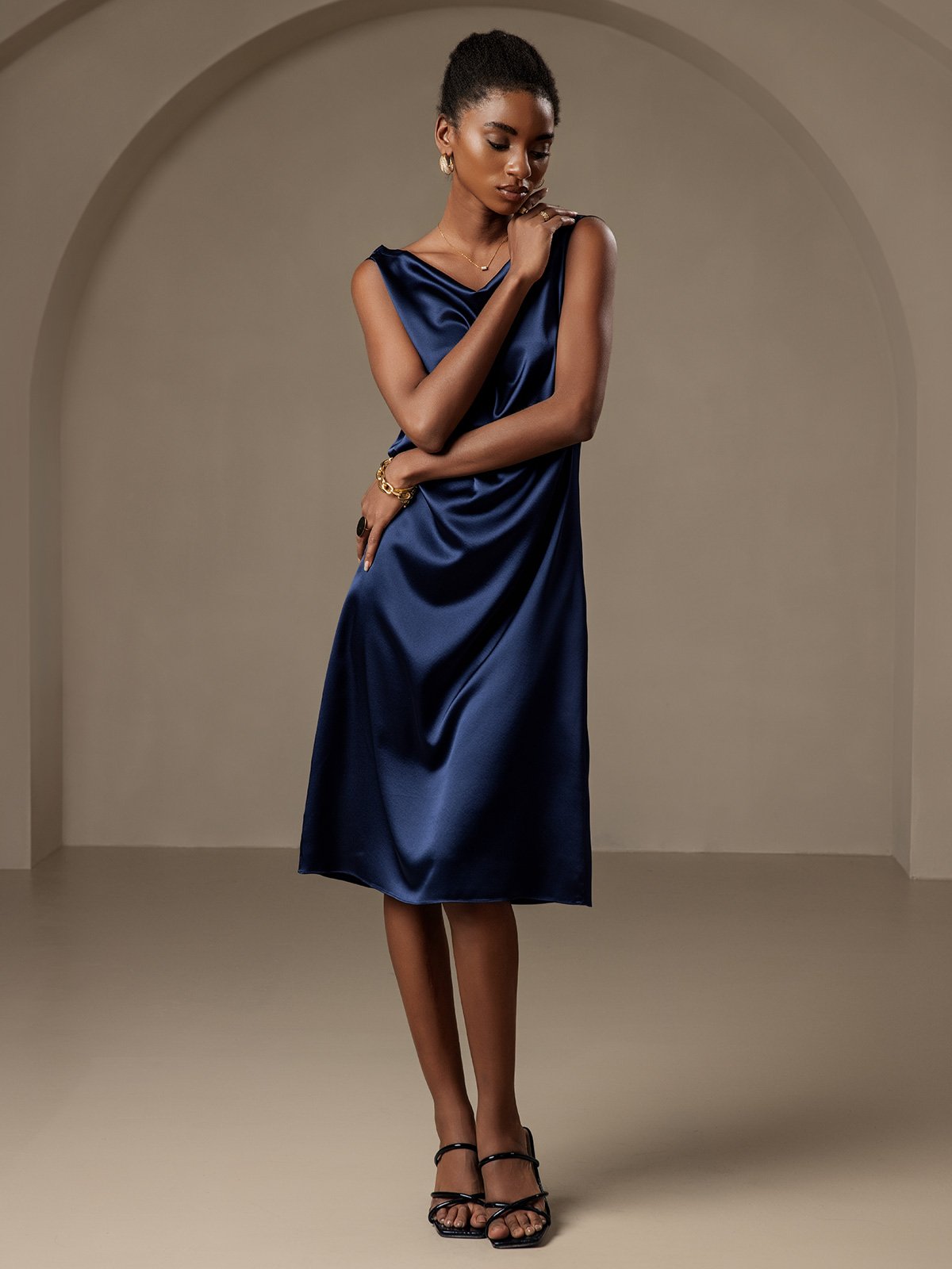 19Momme Silk Sleeveless Cowl Neck Knee Dress