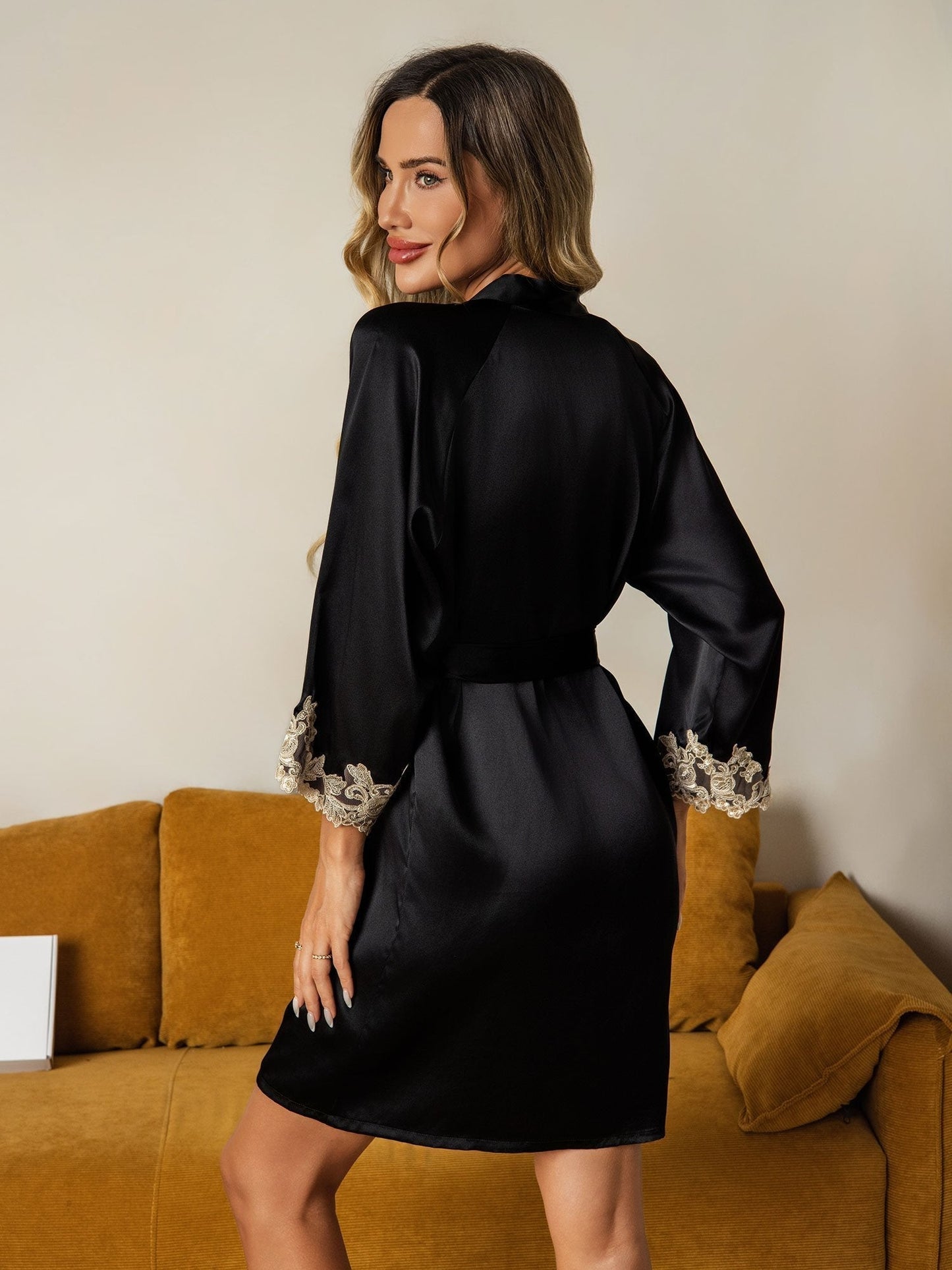 Silk Lace Cuffs Dressing Gown Wrap Kimono Belted with 3/4 Sleeves