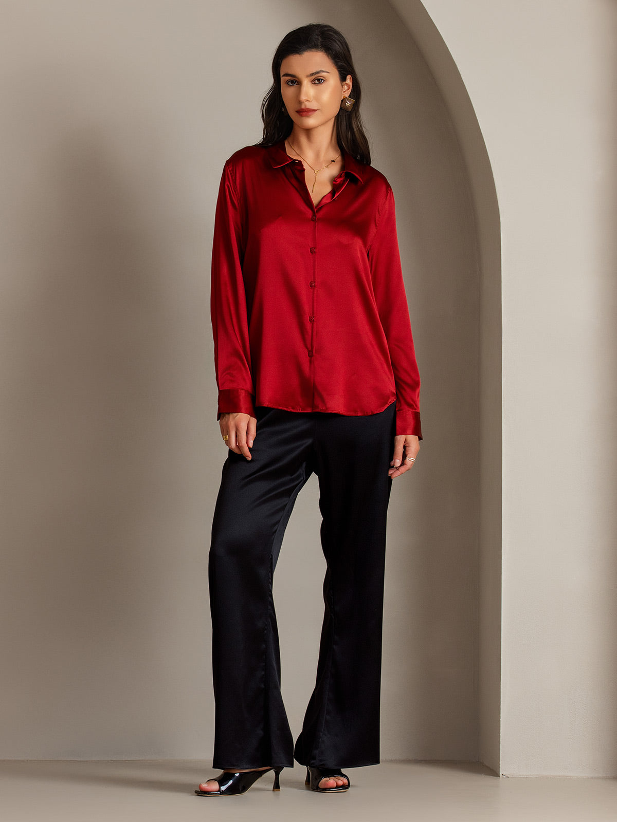 19Momme Silk Long Sleeve Lapel Collar Women's Shirt with Button Up Design