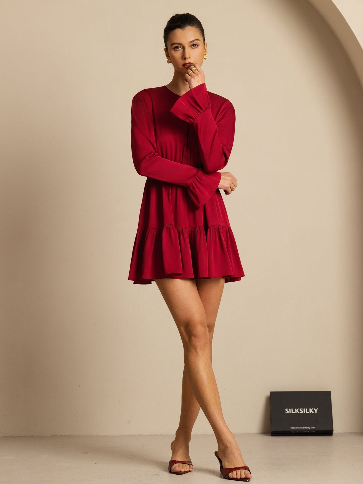 19Momme Silk  Ruffle Sleeves Short A-Line Flowy Dress