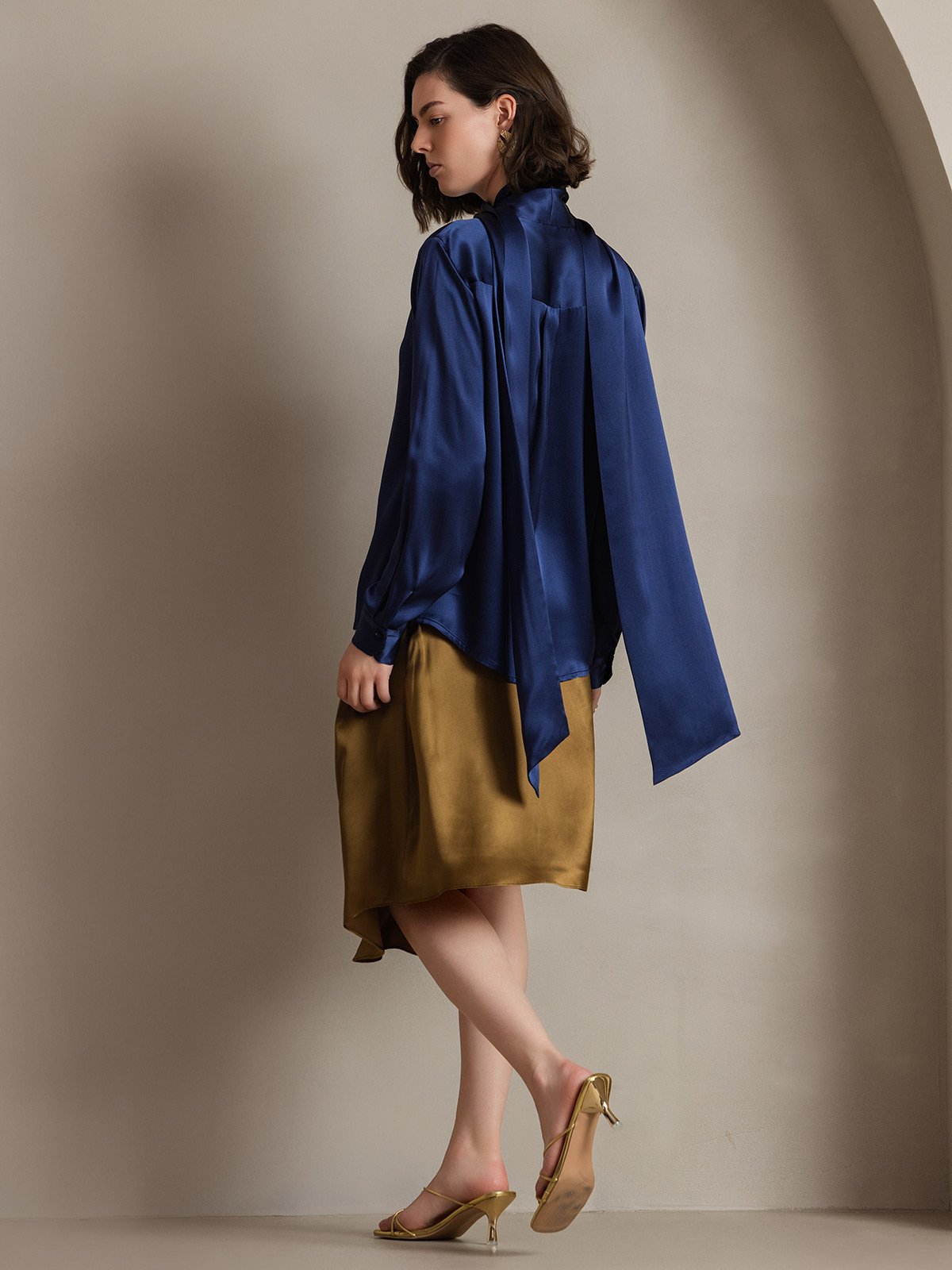 19Momme Silk Long Sleeve High Neck Bow Tie Blouse