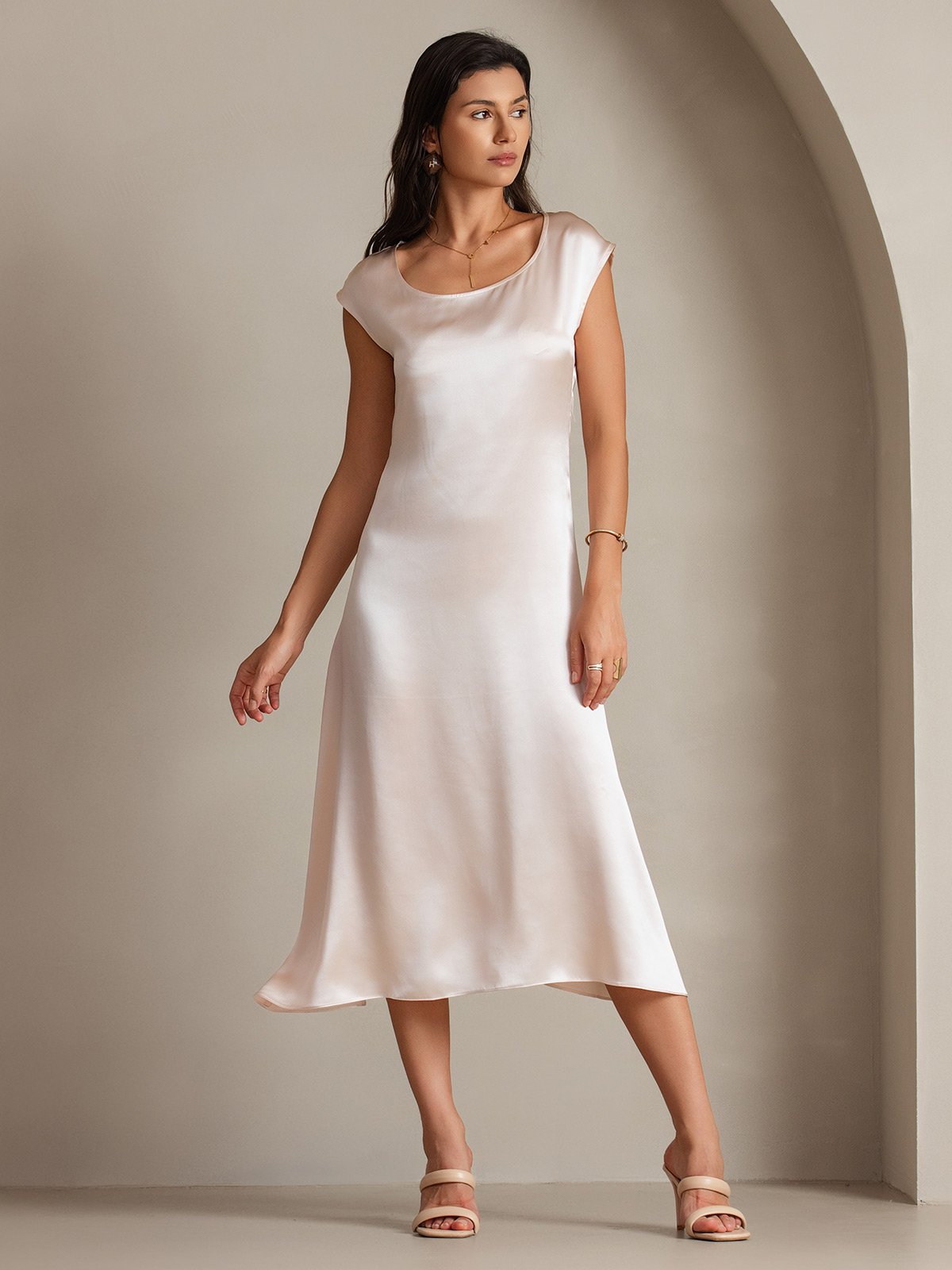 19Momme Silk Cap Sleeve Round Neck Midi Dress