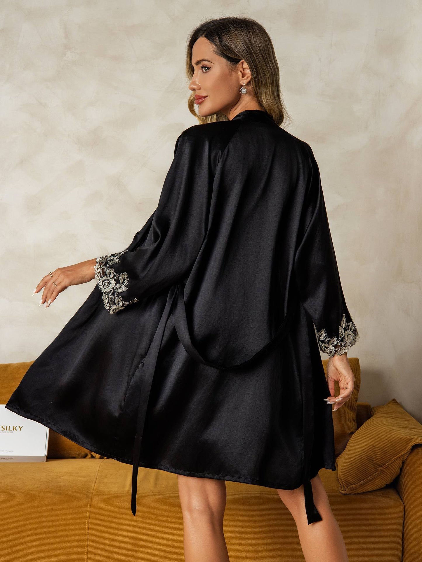Elegant Pure Silk Lace Trimmed Robe and Camisole Set 3Pcs