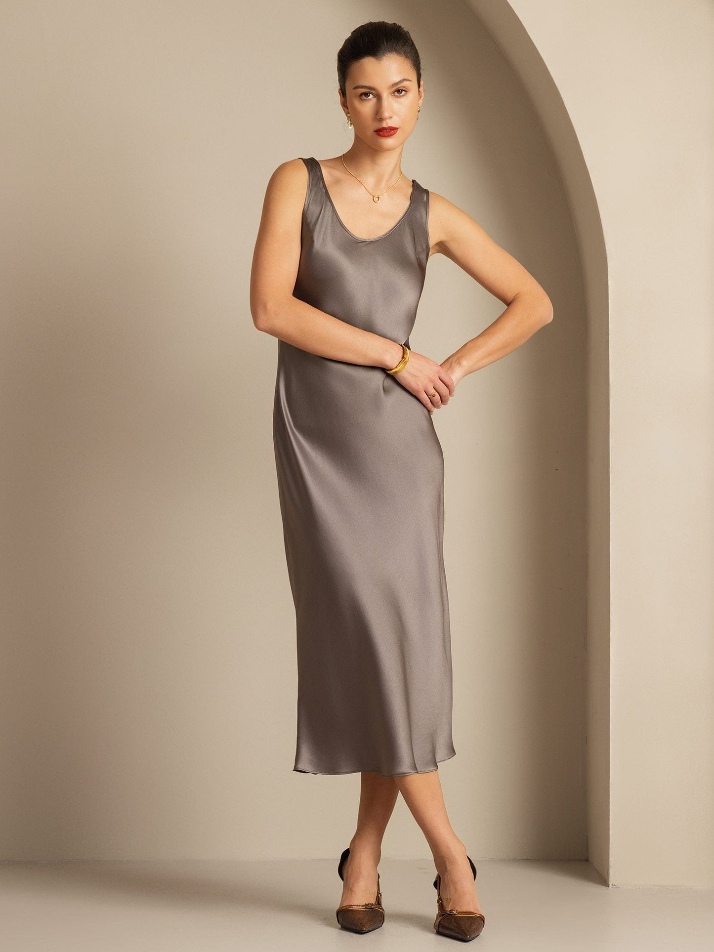 Pure Silk Sleeveless U Neck Midi Dress