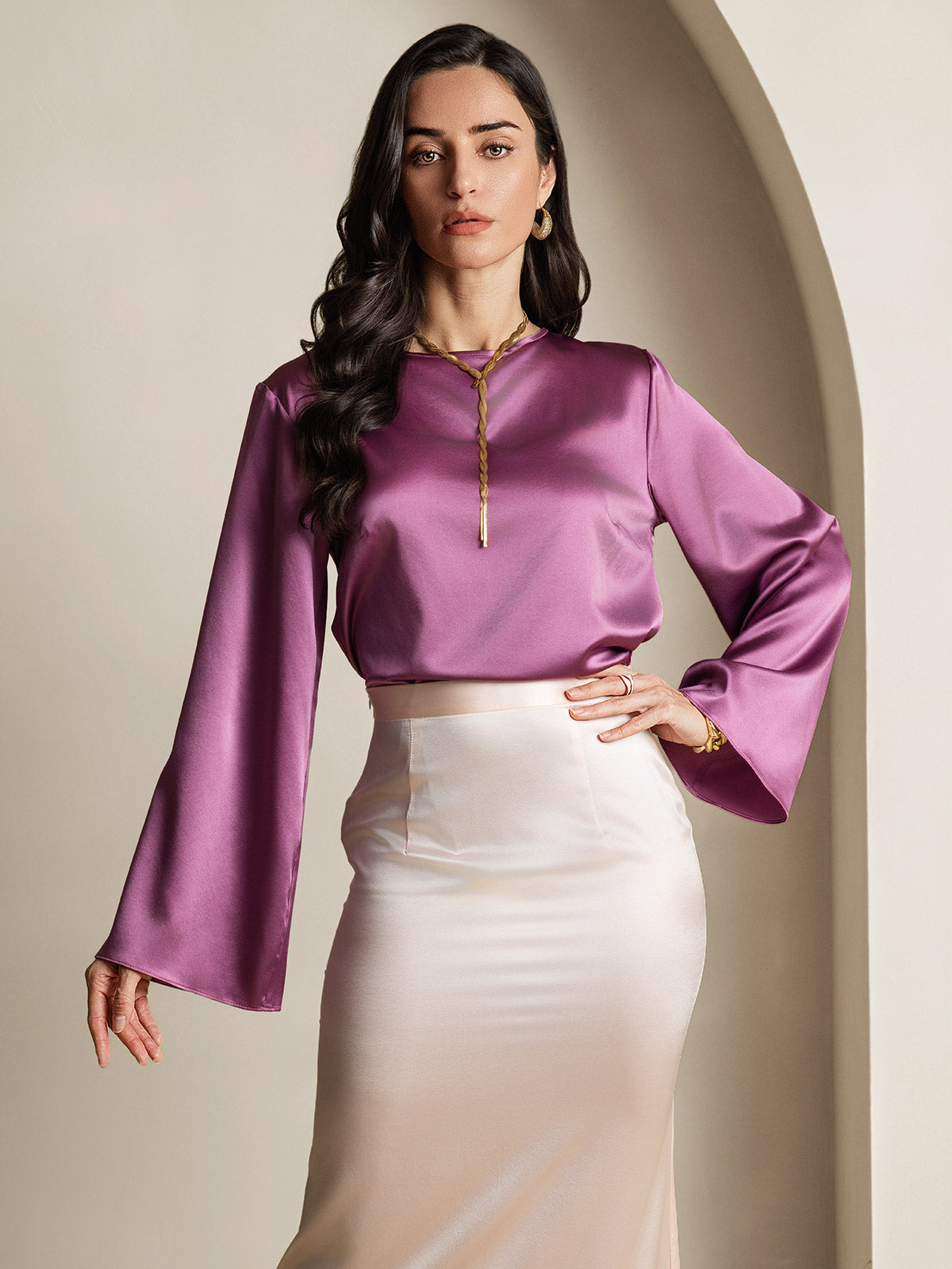 19Momme Silk Bell Sleeve Boat Neck Women's Top