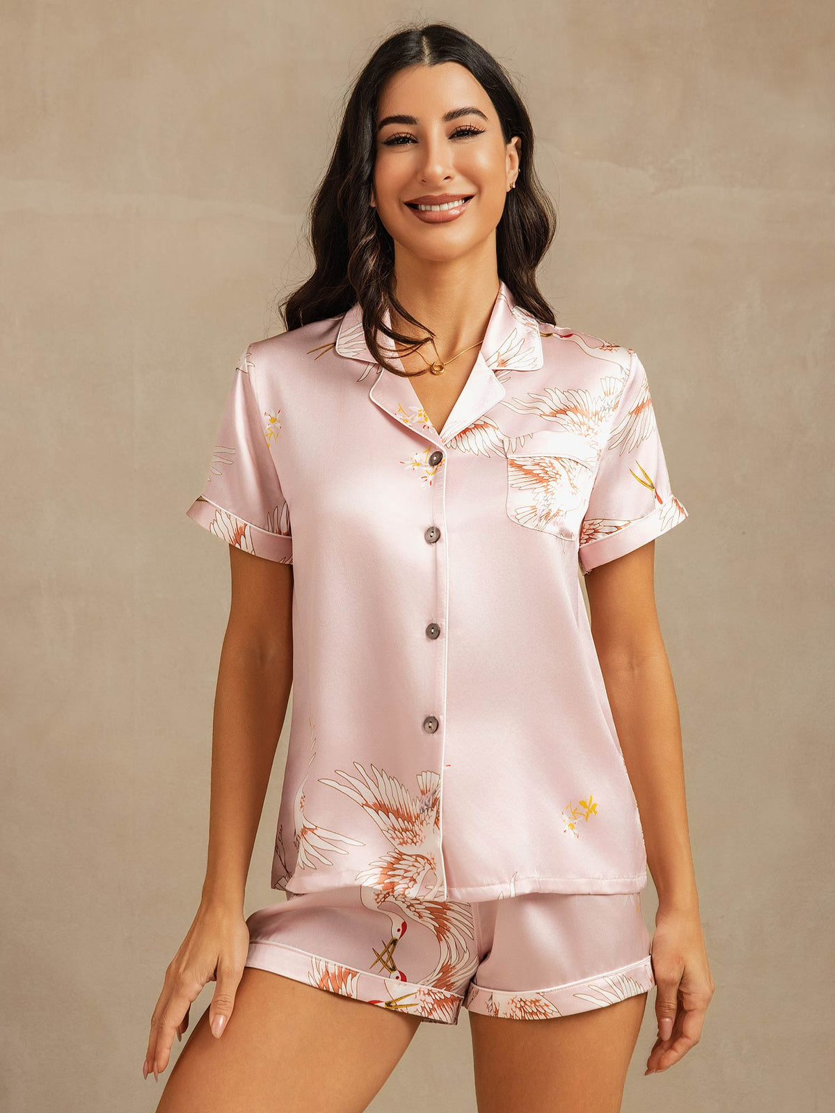 19Momme Pure Silk Crane Print Short Sleeve Notch Collar Women's Pyjamas Set