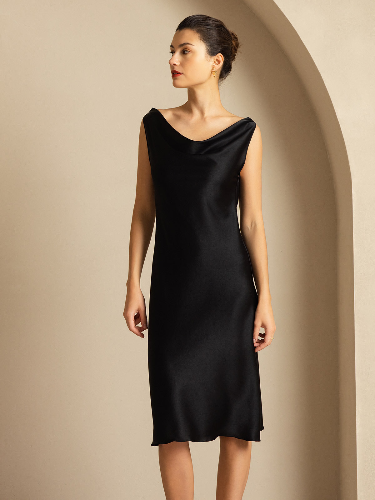 19Momme Silk Sleeveless Cowl Neck Knee Dress