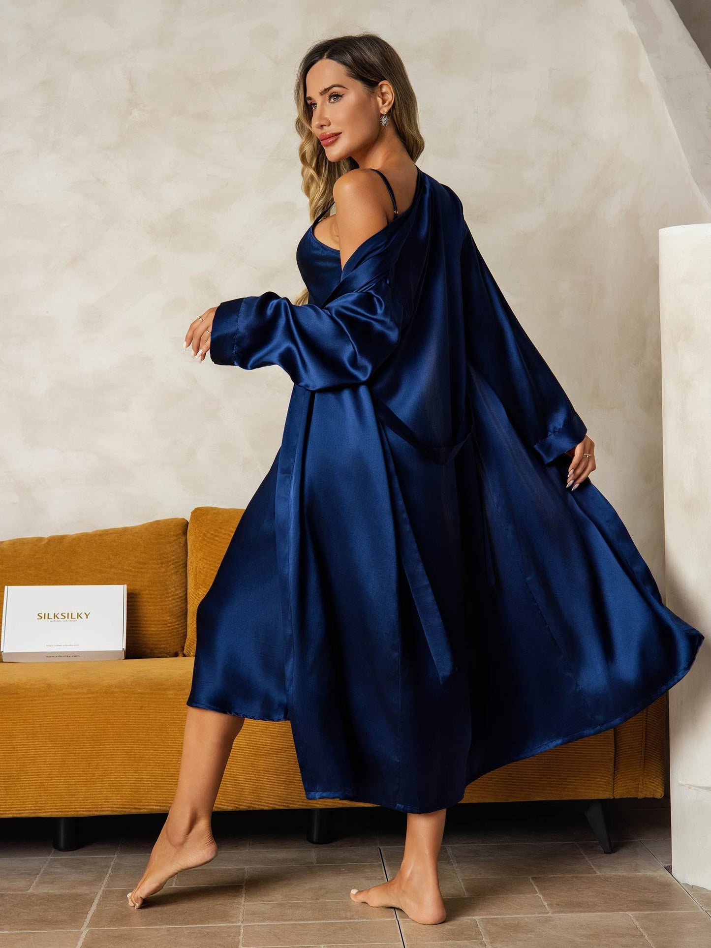 Pure Silk V-Neck Midi Nightdress & Dressing Gown Set 2Pcs