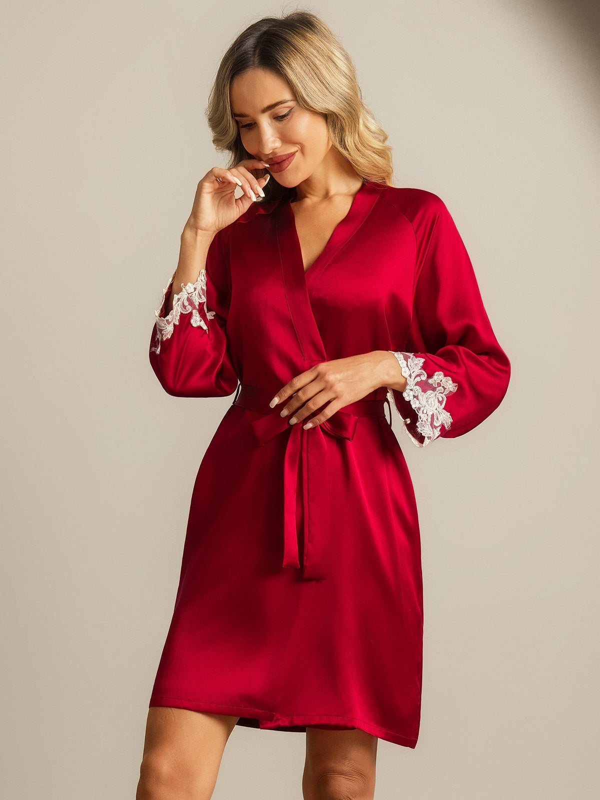 Silk Lace Cuffs Dressing Gown Wrap Kimono Belted with 3/4 Sleeves