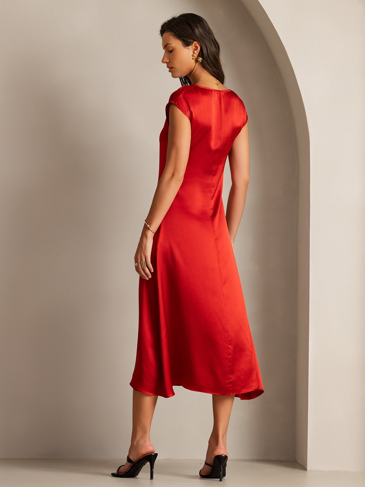 19Momme Silk Cap Sleeve Round Neck Midi Dress