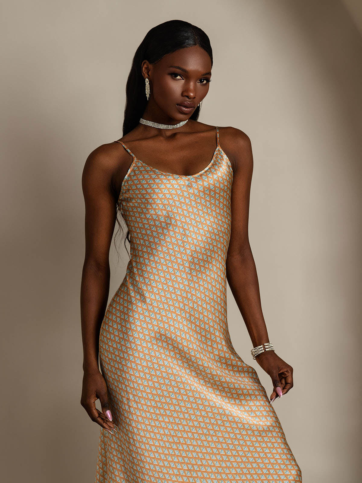 Pure Silk Geometric Print Spaghetti Strap V Neck Midi Dress