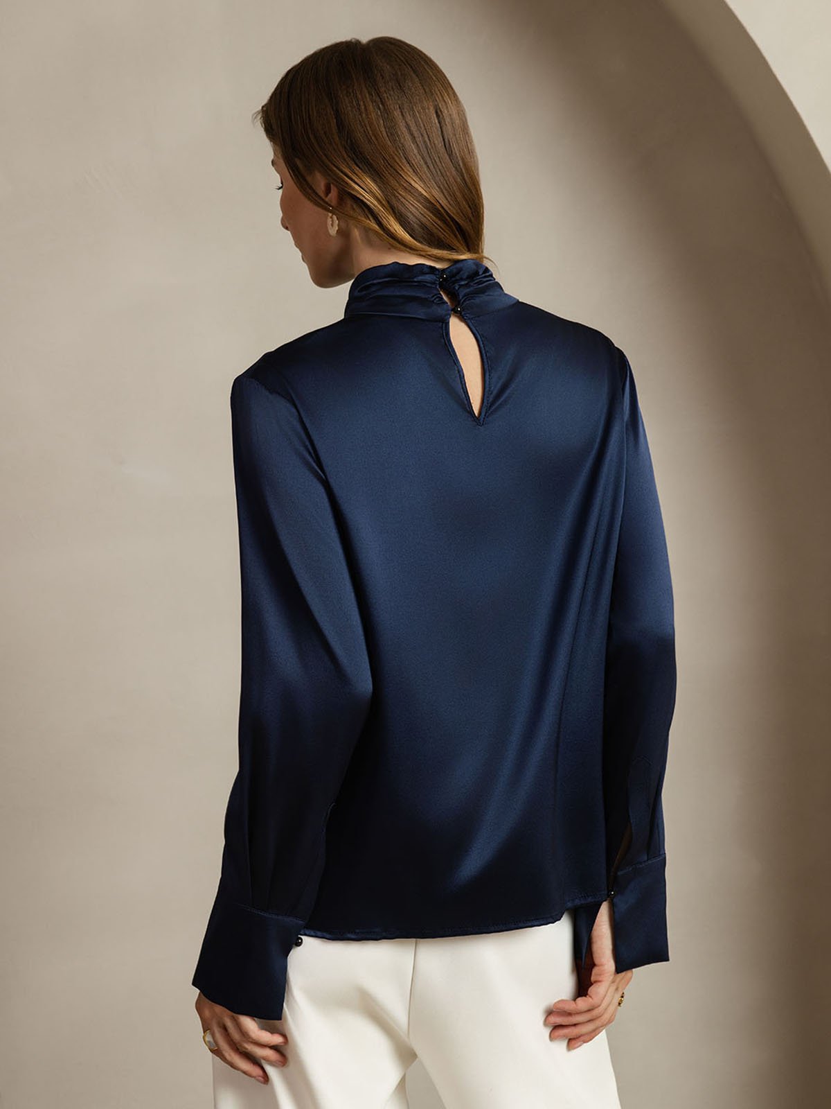 19Momme Silk Keyhole Neck Blouse with Pearl Buttons