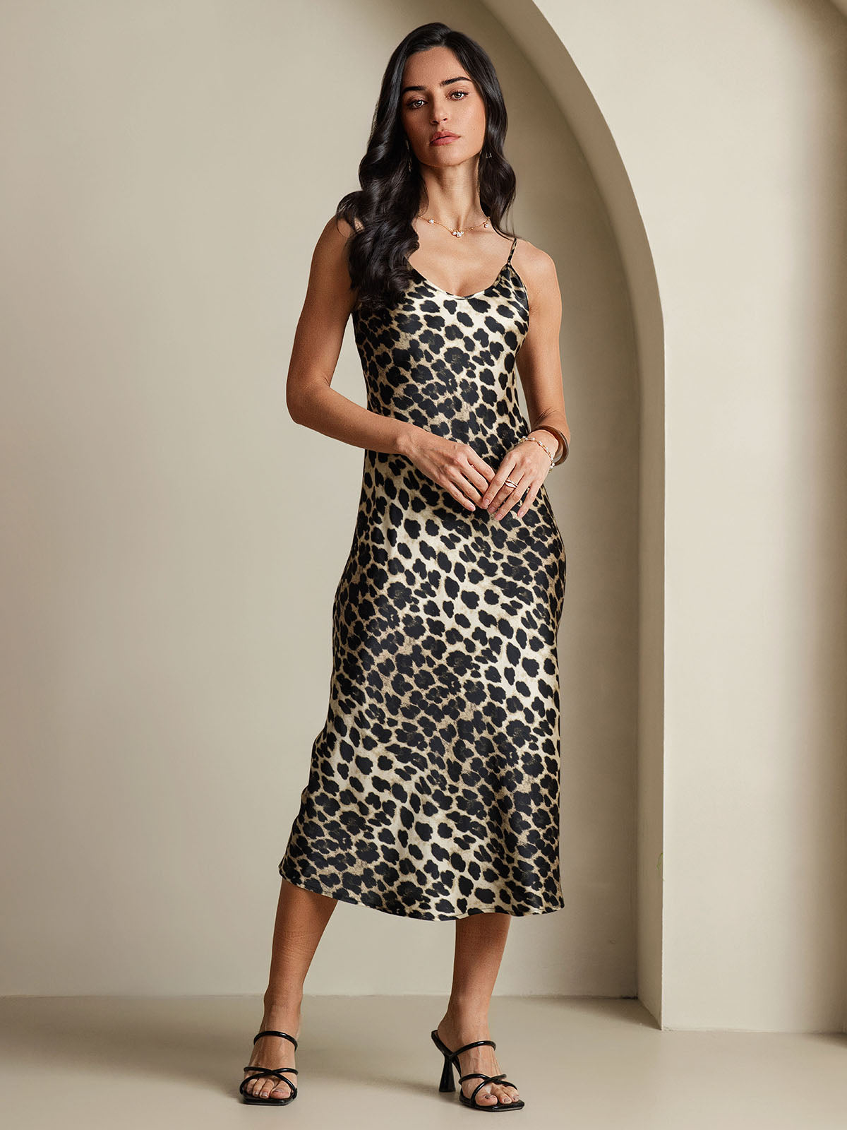 Women's Pure Silk Spaghetti Strap V-neck Midi Nightdress
