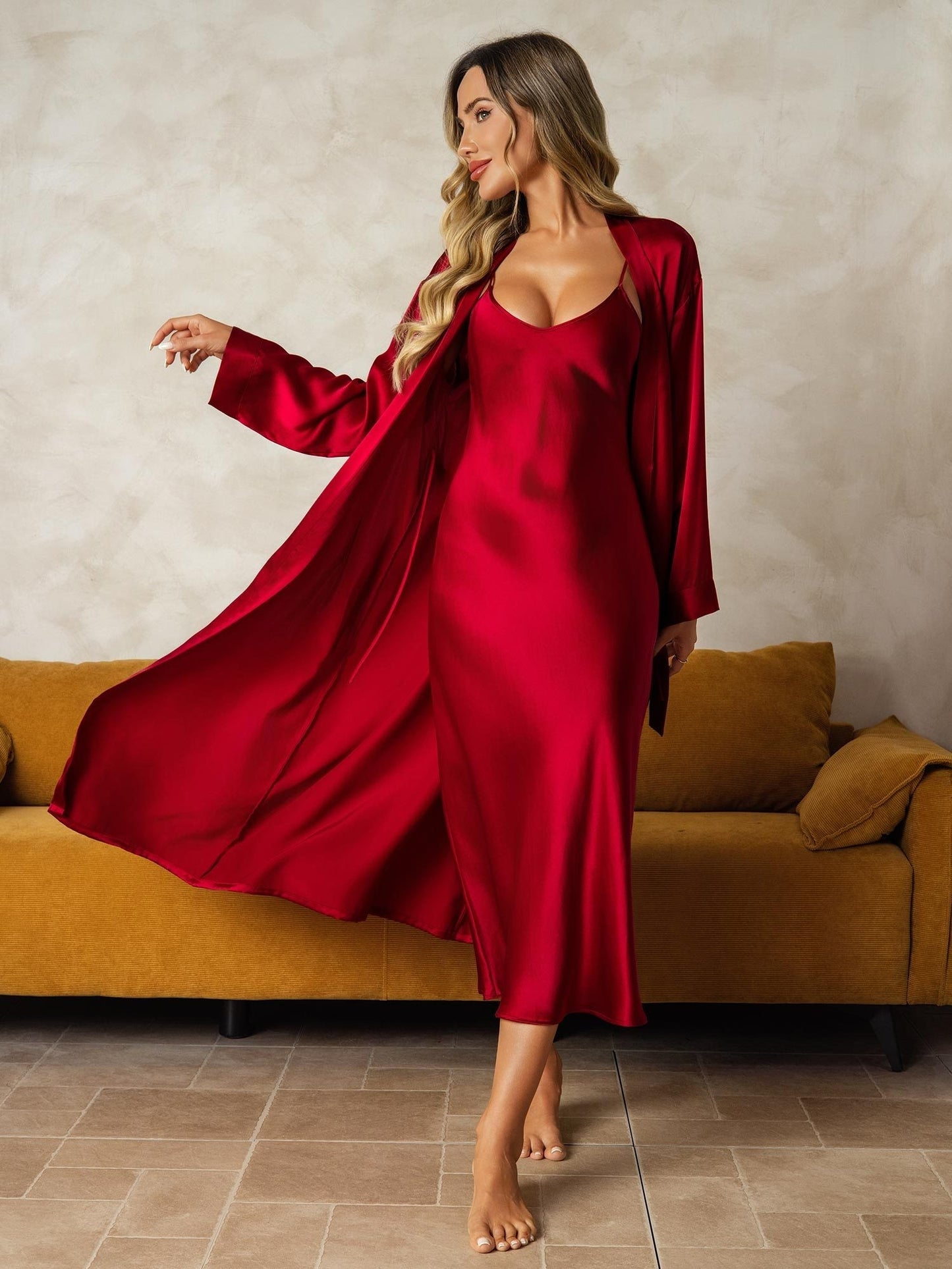 Pure Silk V-Neck Midi Nightdress & Dressing Gown Set 2Pcs