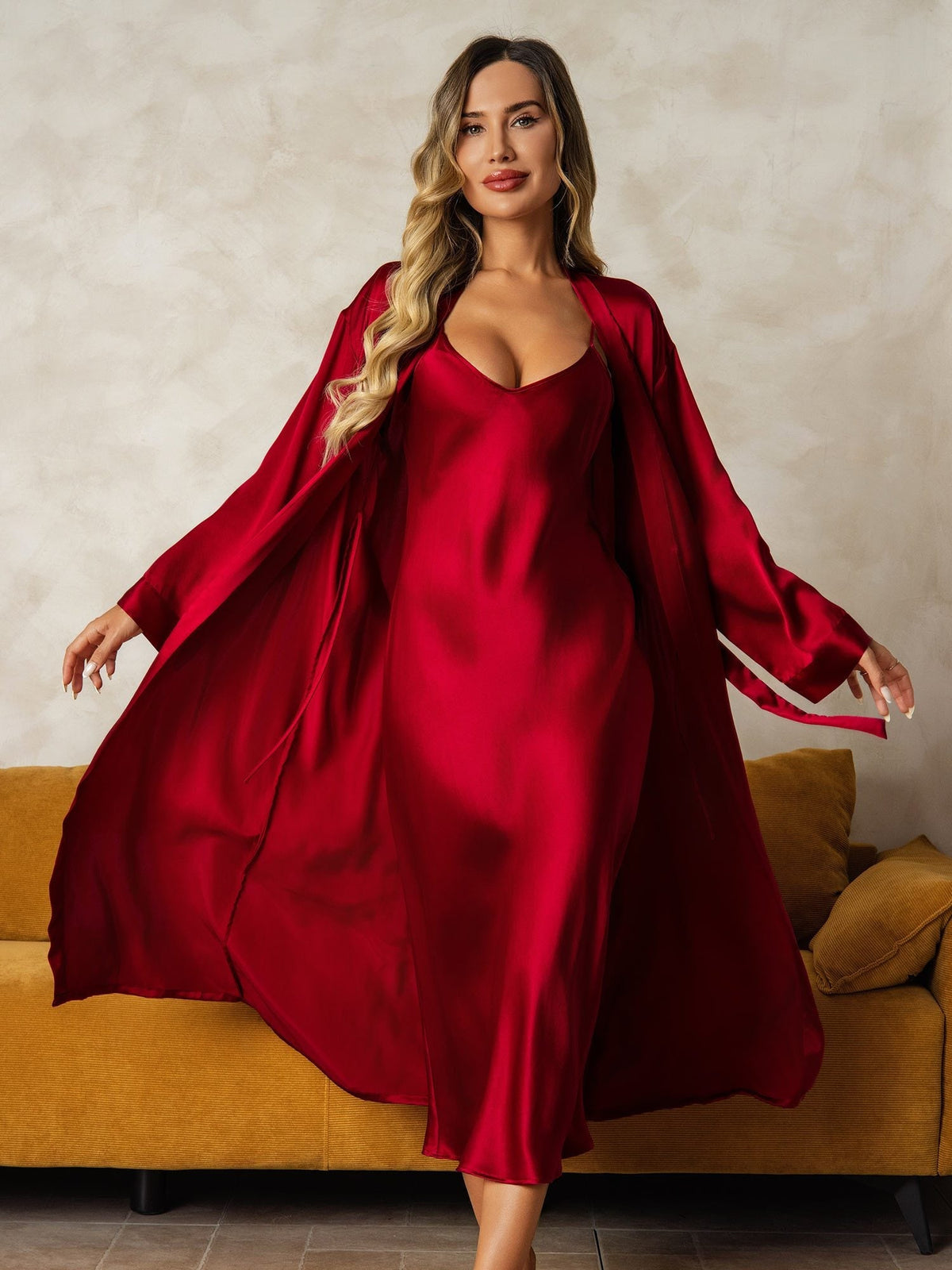 Pure Silk V-Neck Midi Nightdress & Dressing Gown Set 2Pcs