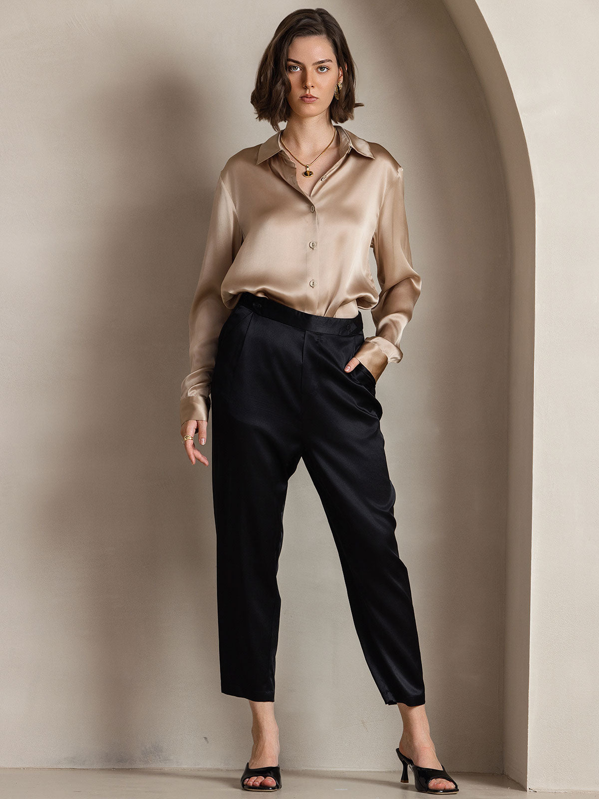 19Momme Silk Long Sleeve Lapel Collar Women's Shirt