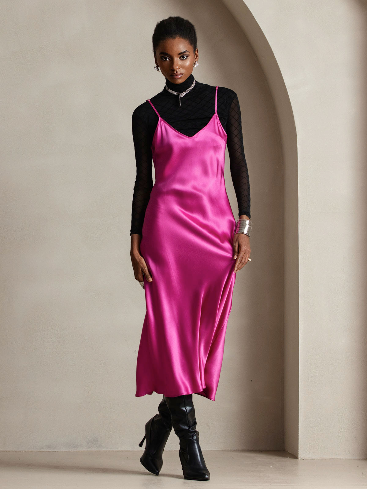 Pure Silk Spaghetti Strap V Neck Midi Dress