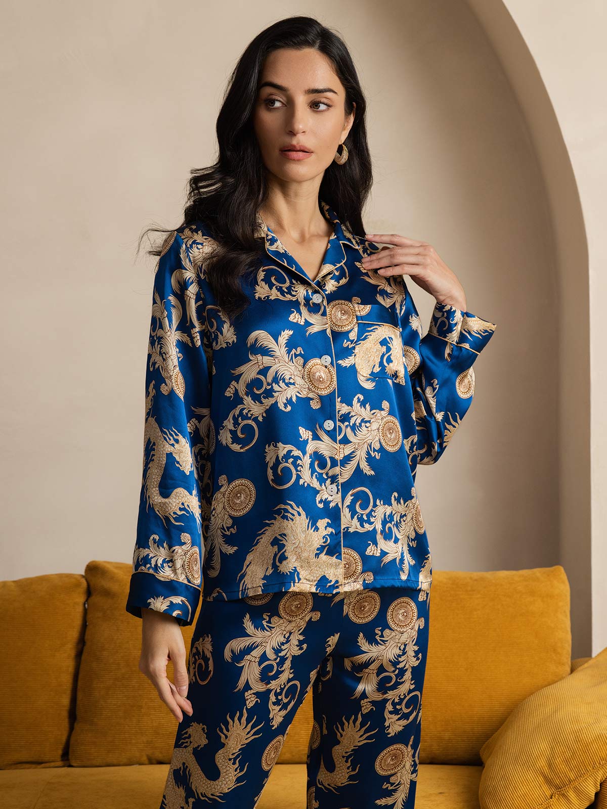 Pure Silk Dragon Print Long Sleeve Notch Collar Women's Pyjamas Set With Pants
