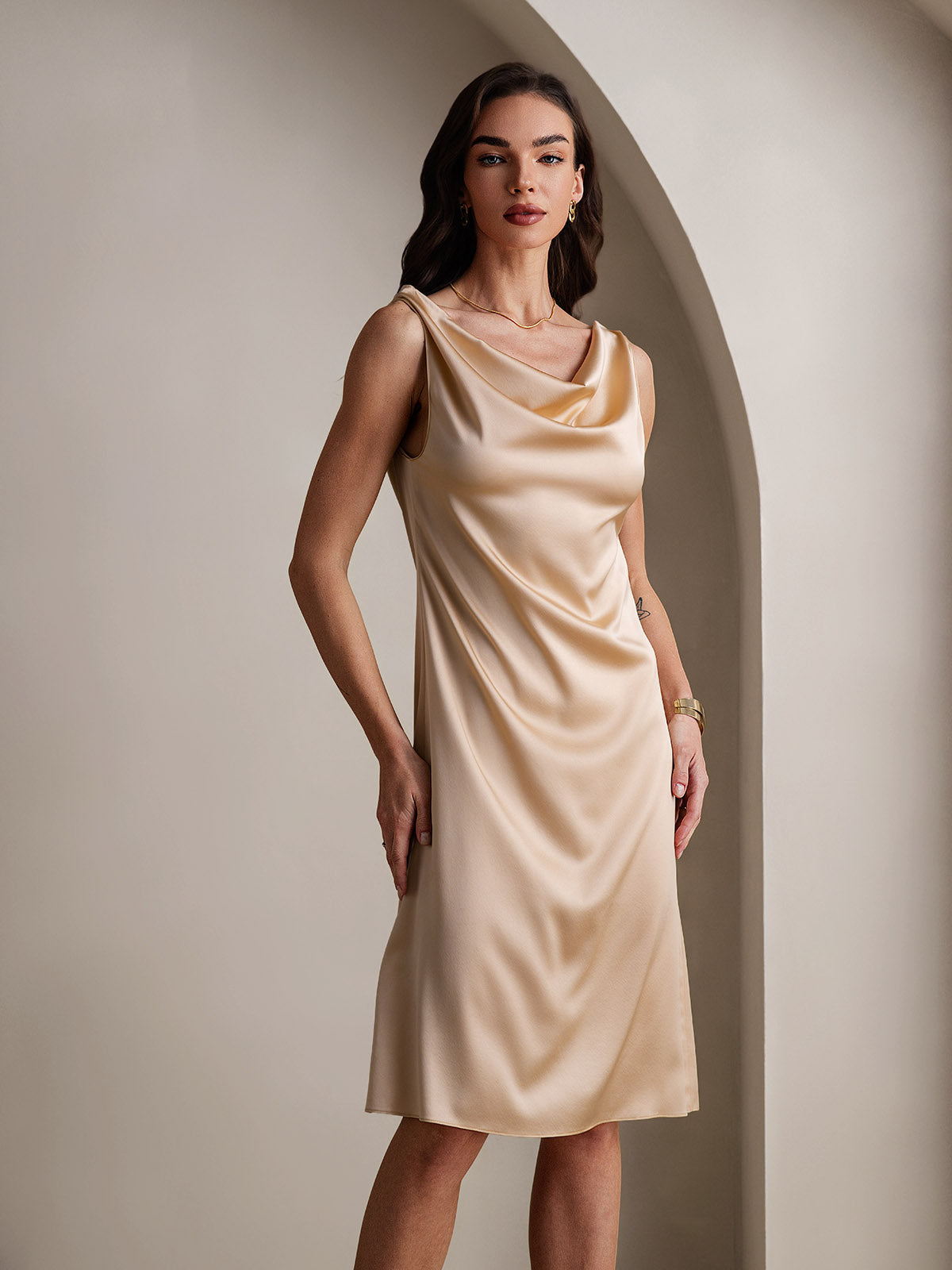 19Momme Silk Sleeveless Cowl Neck Knee Dress
