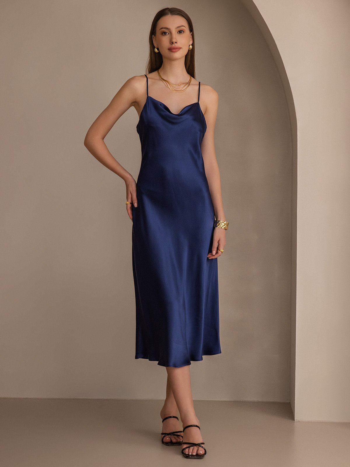 Pure Silk Cowl Neck Midi Dress