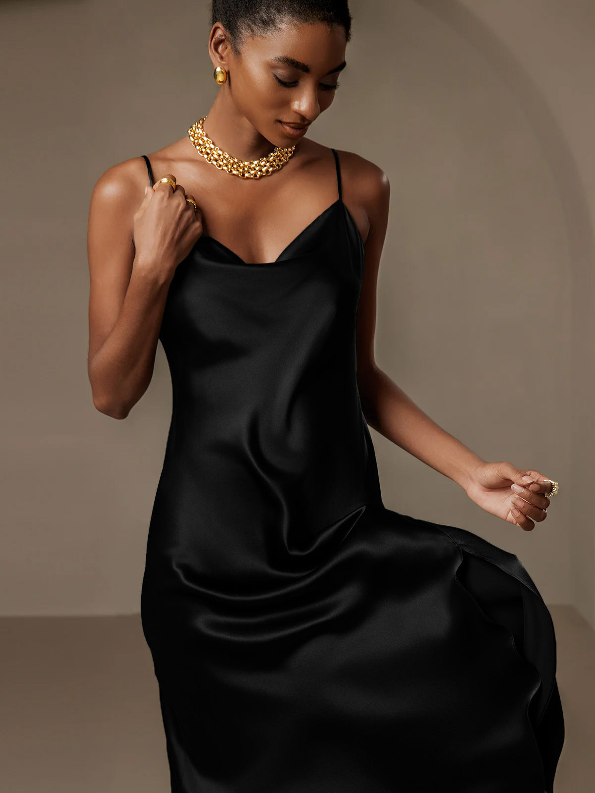 Pure Silk Spaghetti Strap Cowl Neck Bias Midi Dress with Split Design