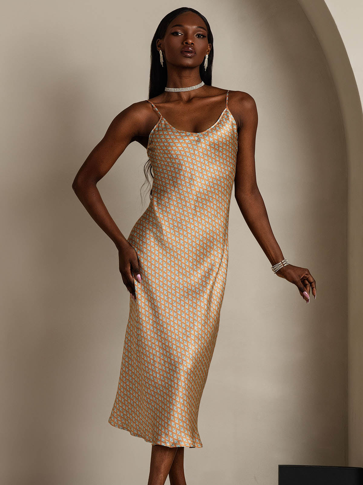 Women's Pure Silk Spaghetti Strap V-neck Midi Nightdress
