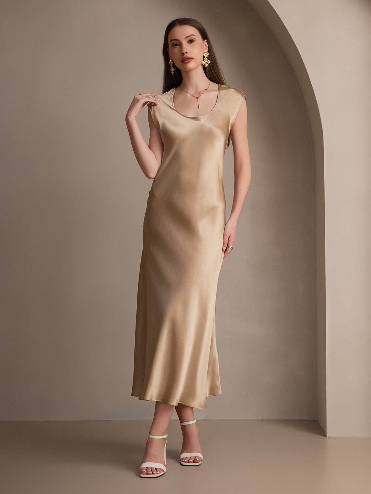 19Momme Silk Cap Sleeve Round Neck Midi Dress
