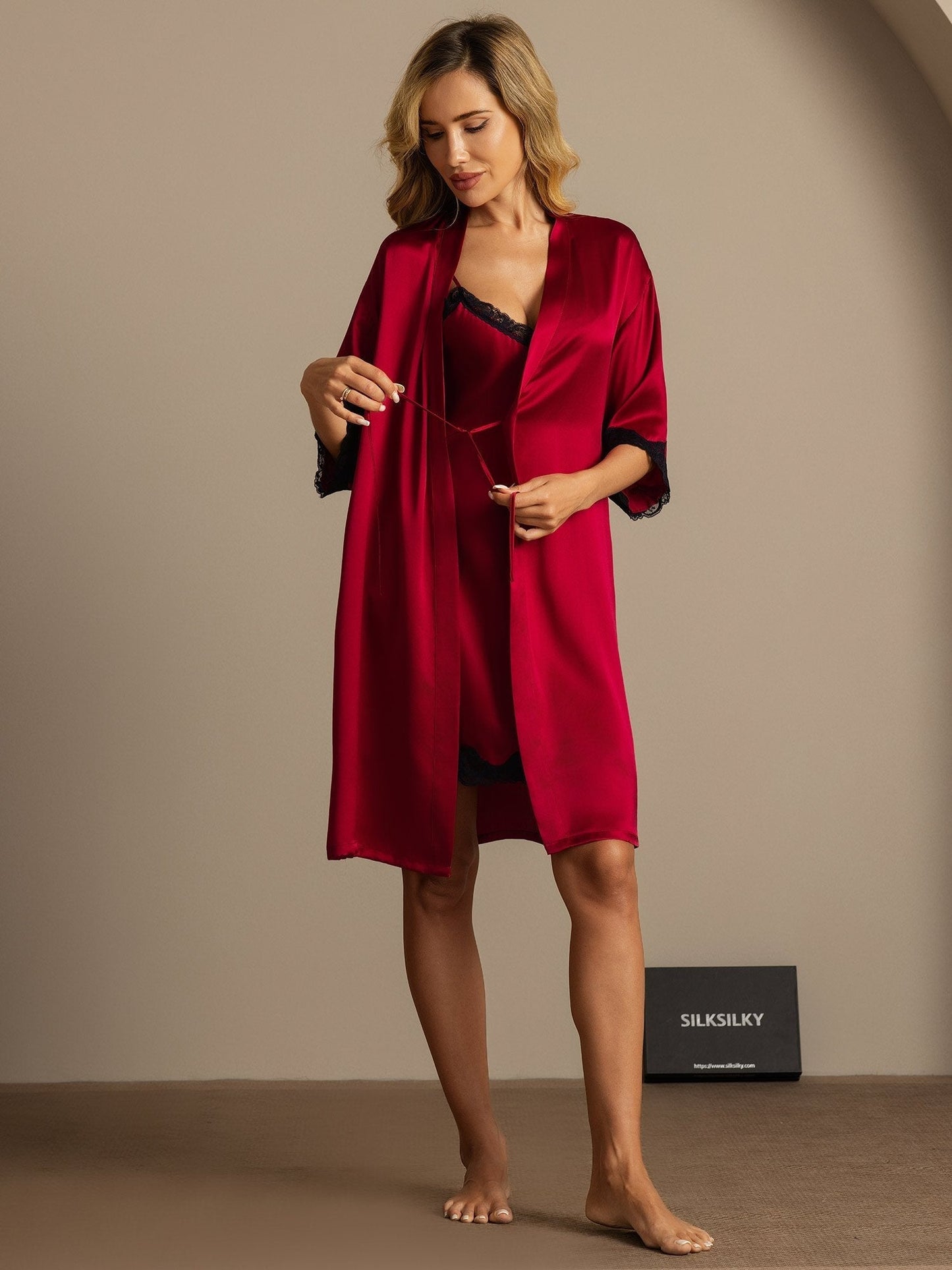 Pure Silk Basic Lace Trimmed Split Nightdress&Dressing gowns 2Pcs