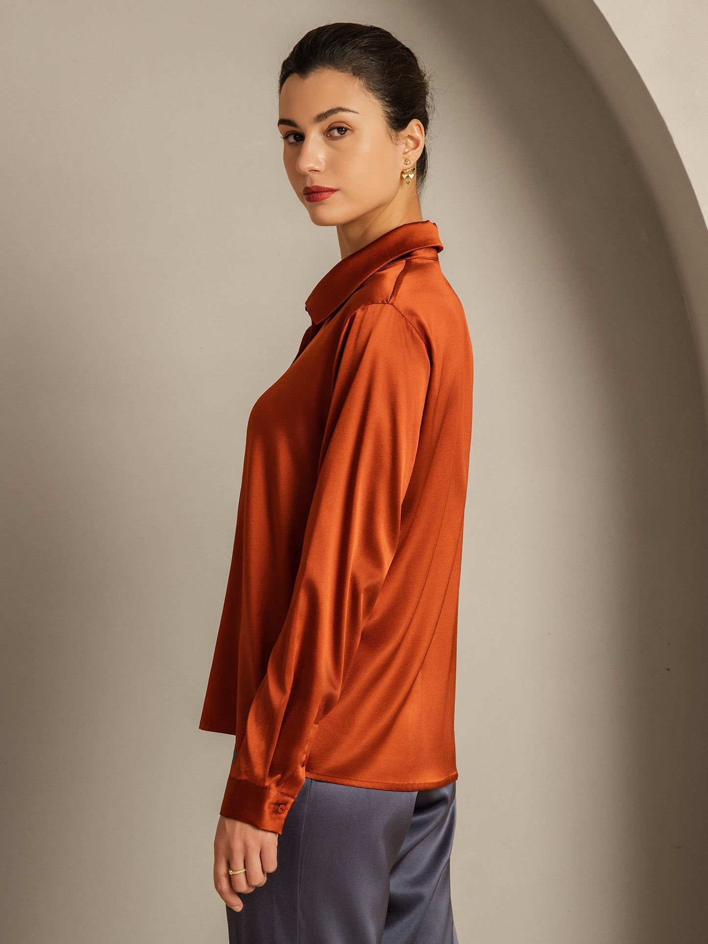 19Momme Silk Long Sleeve Lapel Collar Women's Shirt