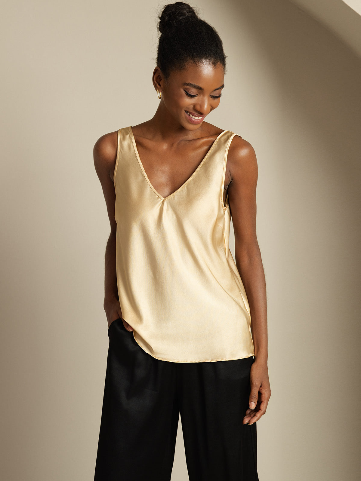 19Momme Silk Sleeveless V Neck Women's Tank Top with V Back Design