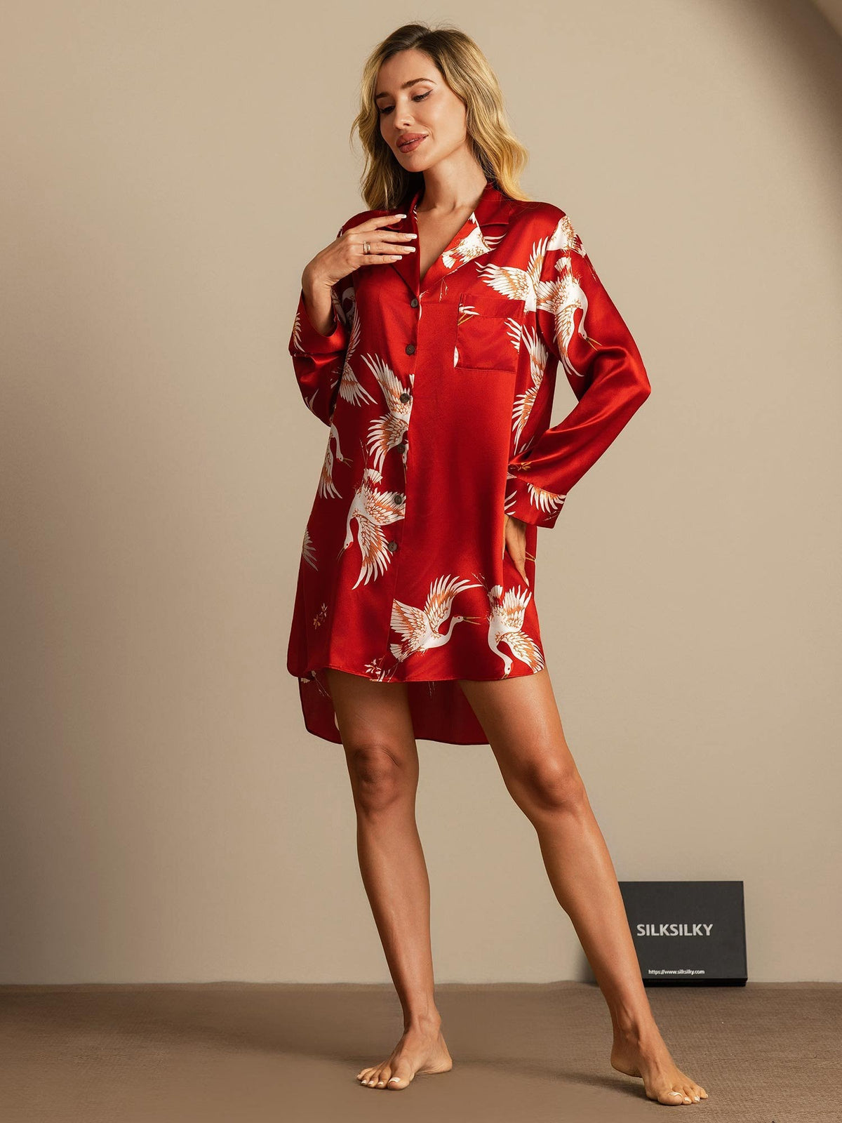 19Momme Pure Silk Crane Print Nightshirt with High-Low Hem