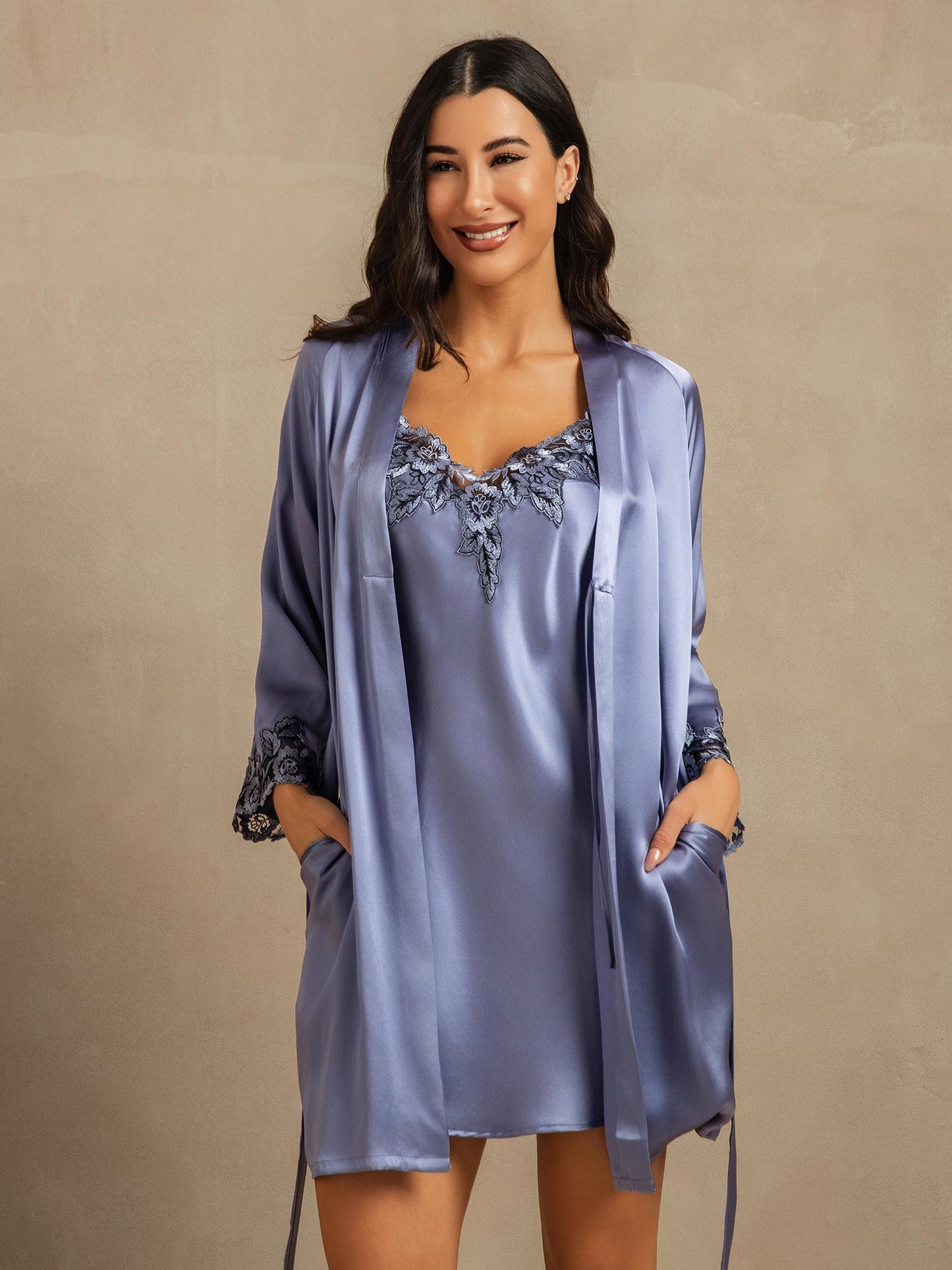 Pure Silk Spaghetti Strap Lace Nightdress&Dressing Gown Set
