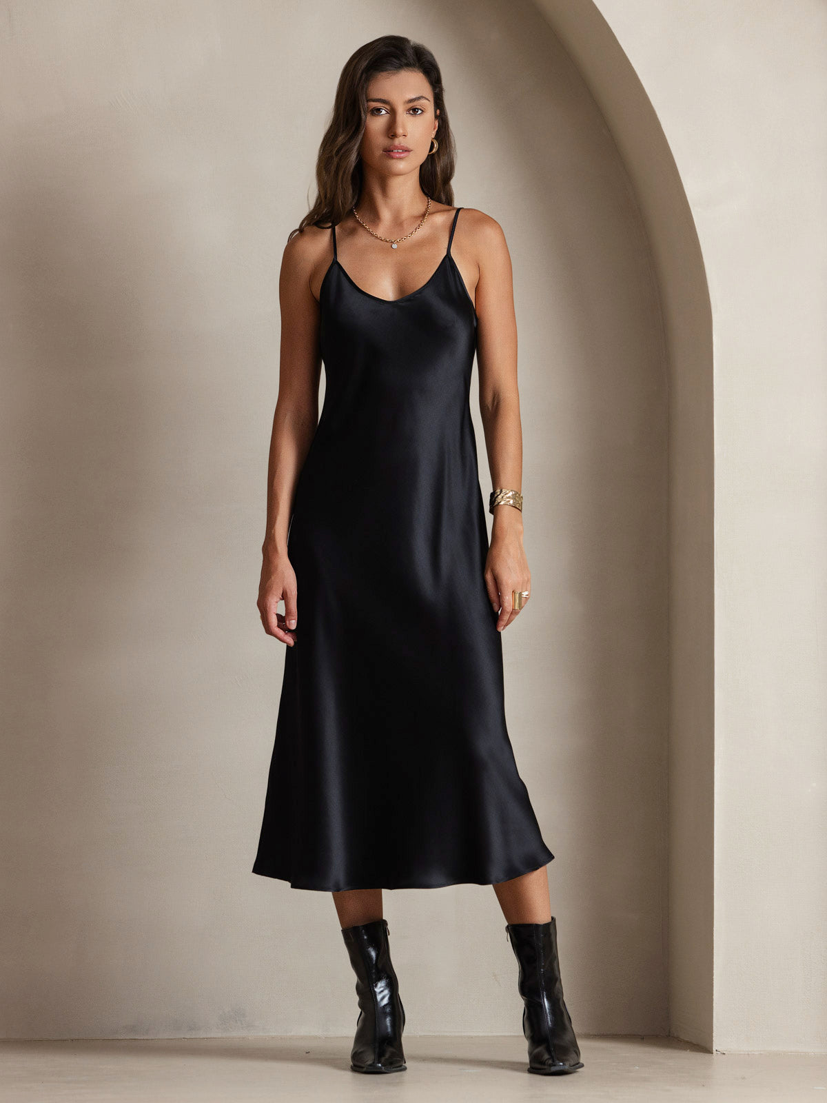 Pure Silk Spaghetti Strap Midi Dress